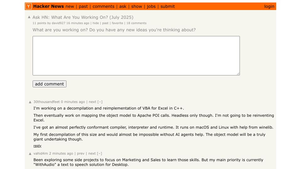 Screenshot of Hacker News post: Ask HN: What are you working on? (July 2025)