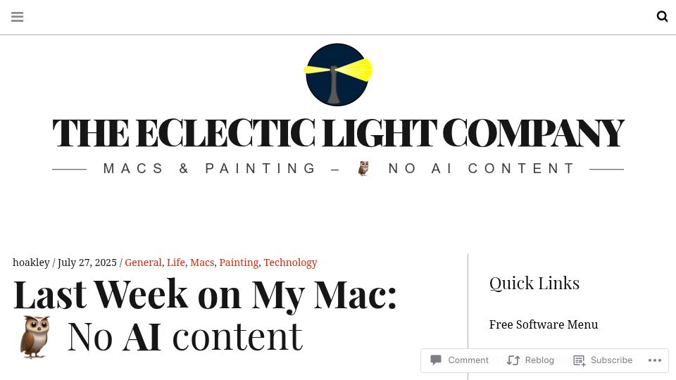 Screenshot of eclecticlight.co: No AI Content