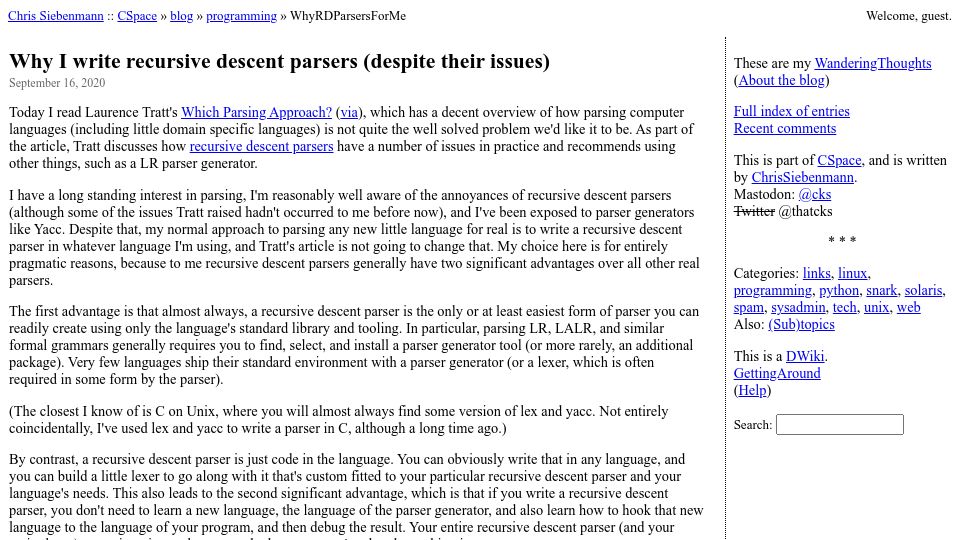 Screenshot of utcc.utoronto.ca: Why I write recursive descent parsers, despite their issues (2020)