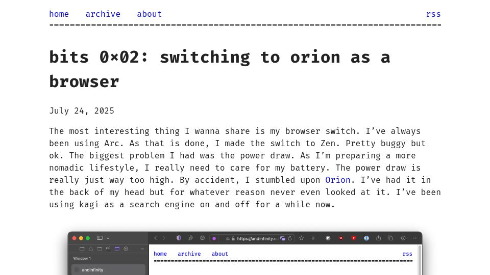 Screenshot of andinfinity.eu: Bits 0x02: switching to orion as a browser
