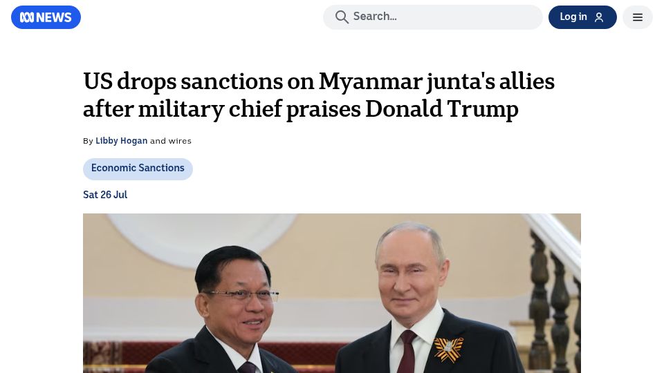 Screenshot of abc.net.au: US drops sanctions on Myanmar junta's allies after military chief praises man