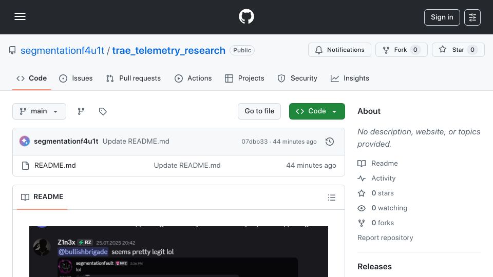 Screenshot of github.com: Performance and telemetry analysis of Trae IDE, ByteDance's VSCode fork
