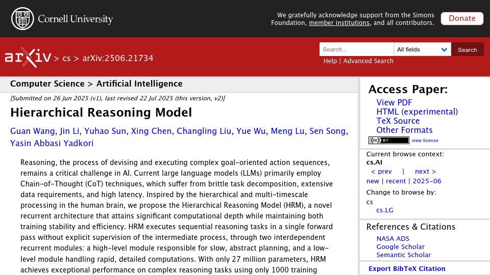 Screenshot of arxiv.org: Hierarchical Reasoning Model