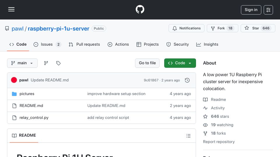 Screenshot of github.com: A low power 1U Raspberry Pi cluster server for inexpensive colocation (2021)