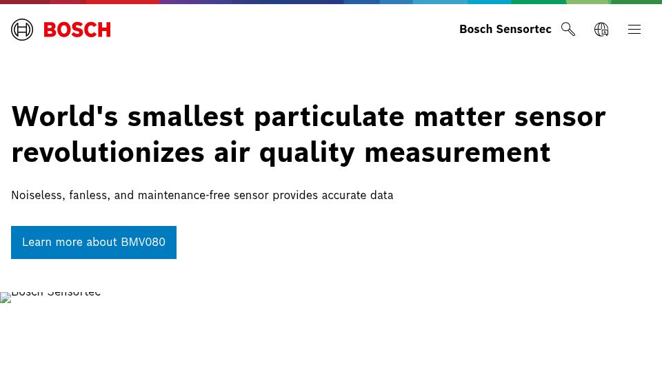 Screenshot of bosch-sensortec.com: Smallest particulate matter air quality sensor for ultra-compact IoT devices