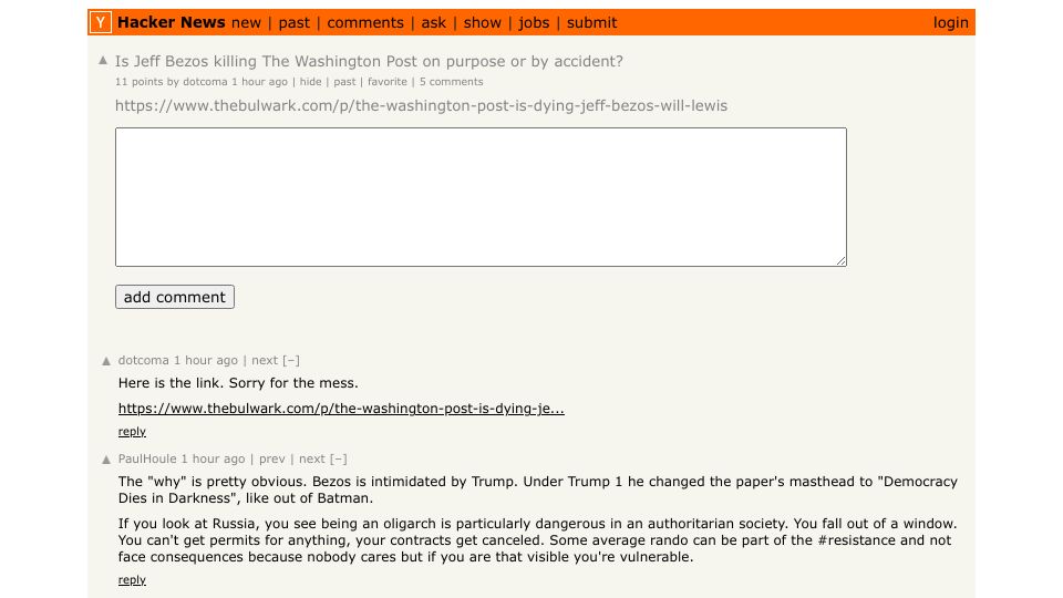 Screenshot of Hacker News post: Is Jeff Bezos killing The Washington Post on purpose or by accident?