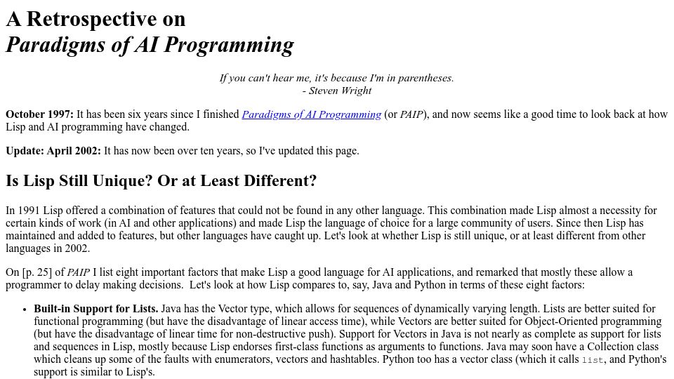 Screenshot of norvig.com: A Retrospective on Paradigms of AI Programming (2002)
