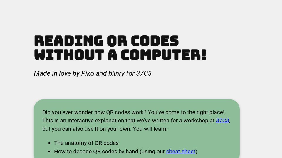 Screenshot of qr.blinry.org: Reading QR codes without a computer (2023)