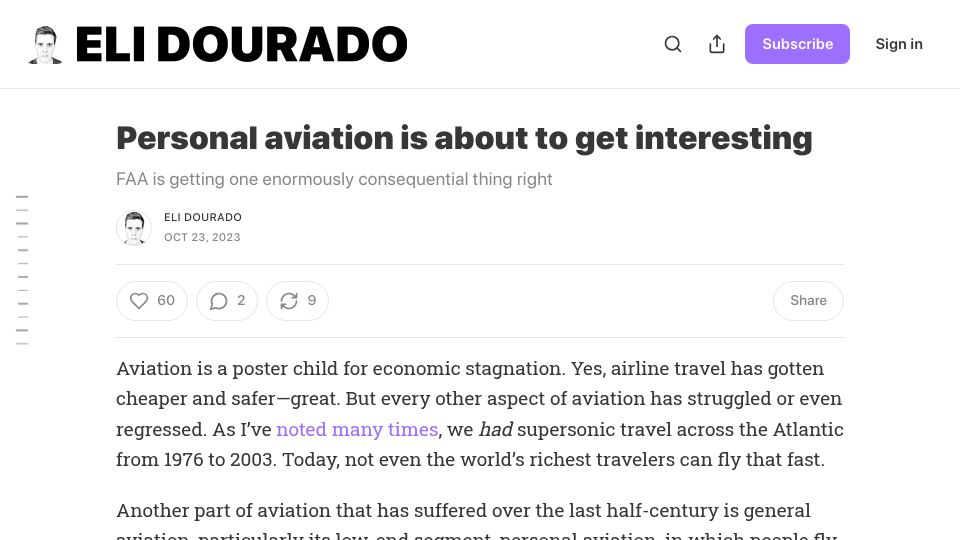 Screenshot of elidourado.com: Personal aviation is about to get interesting (2023)