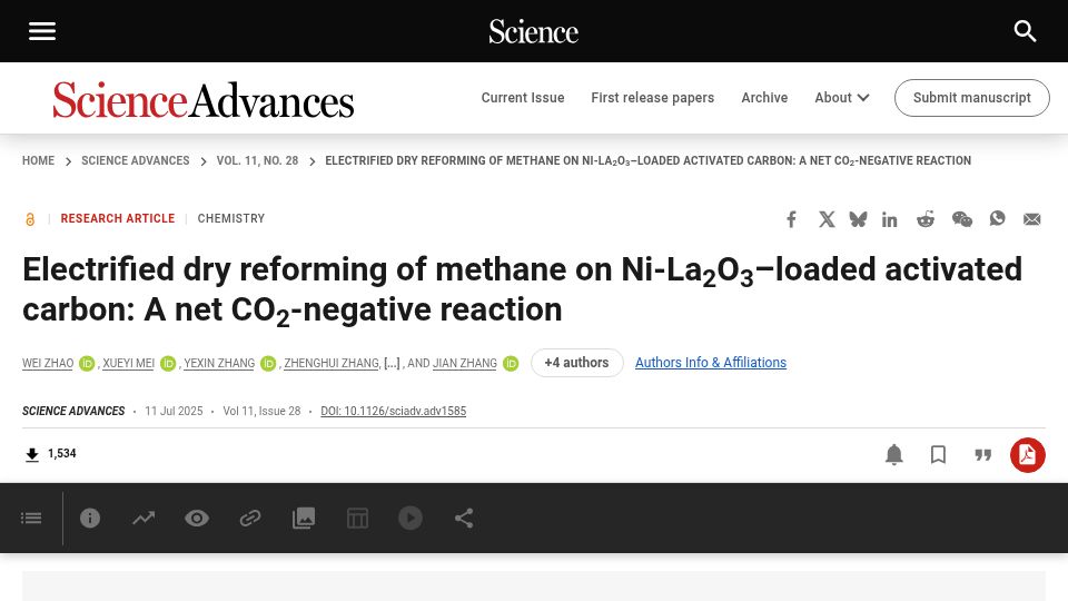 Screenshot of science.org: Electrified dry reforming of methane on Ni-La2O3–loaded activated carbon