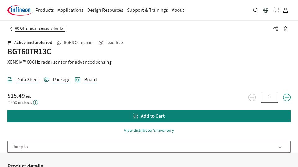 Screenshot of infineon.com: Low cost mmWave 60GHz radar sensor for advanced sensing