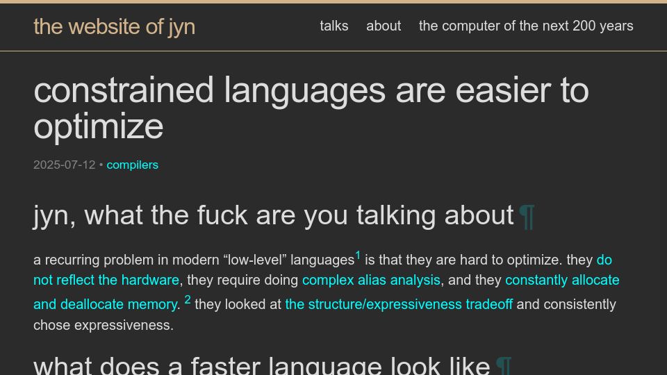 Screenshot of jyn.dev: Constrained languages are easier to optimize