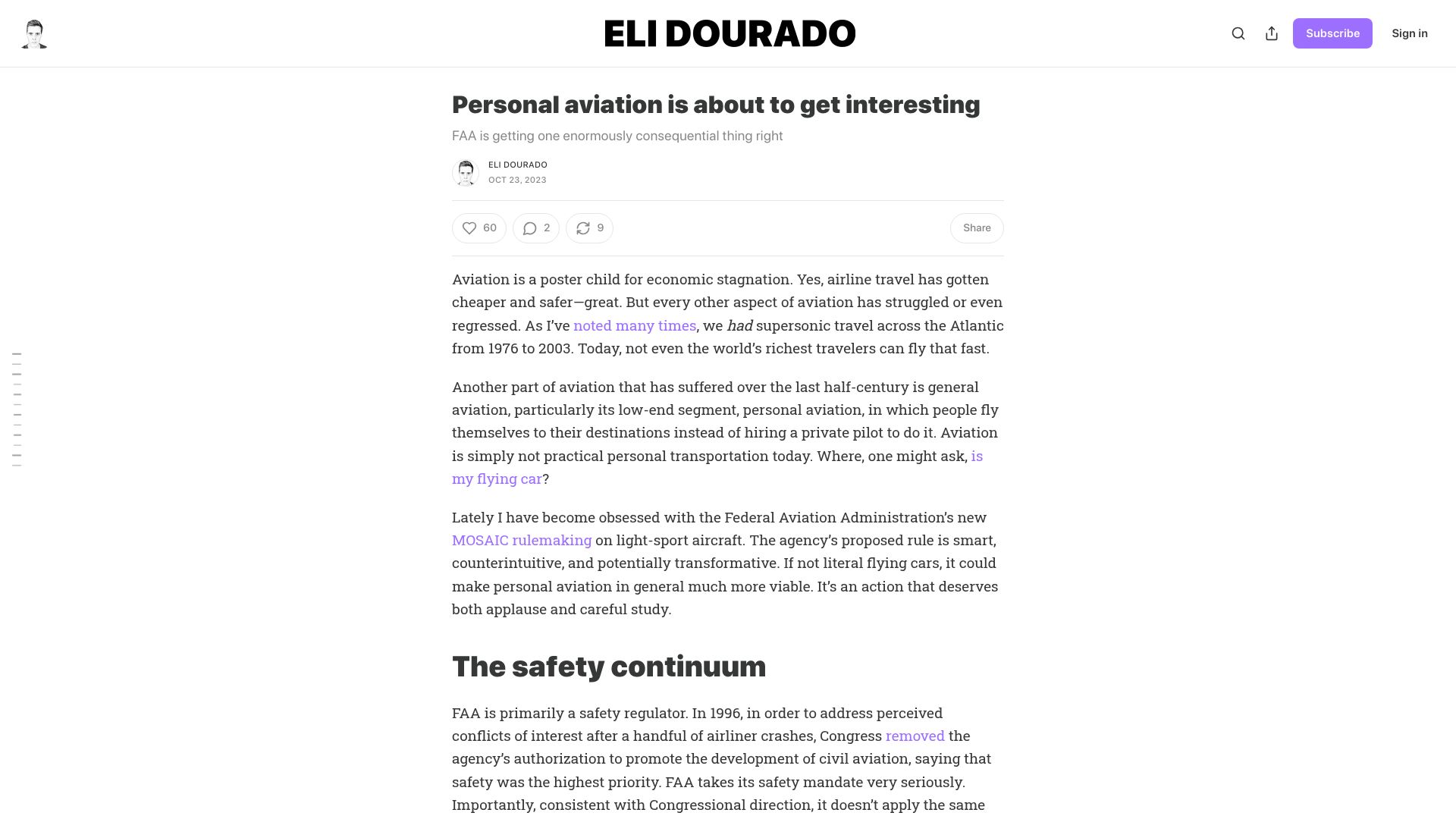 Screenshot of elidourado.com: Personal aviation is about to get interesting (2023)