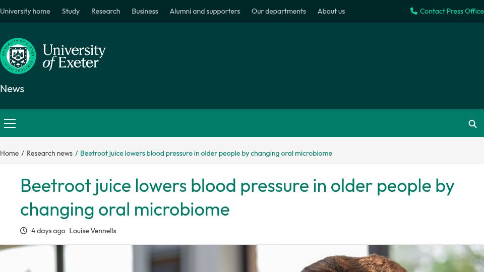 Screenshot of news.exeter.ac.uk: Beetroot juice lowers blood pressure by changing oral microbiome: study