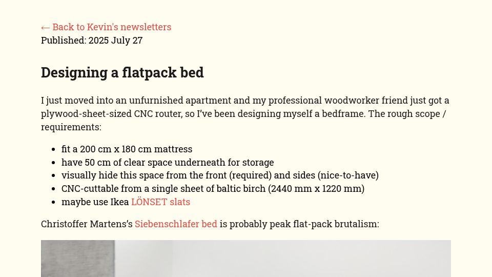 Screenshot of kevinlynagh.com: Designing a flatpack bed