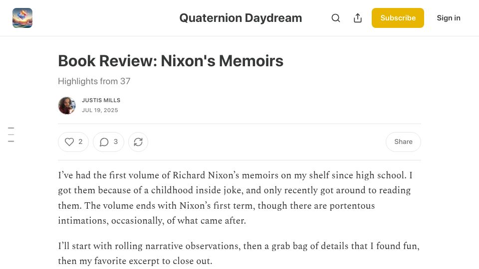 Screenshot of justismills.substack.com: Book Review: Nixon's Memoirs
