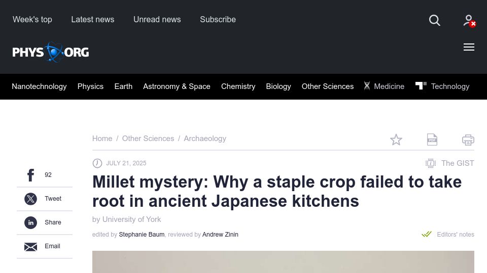 Screenshot of phys.org: Millet mystery: A staple crop failed to take root in ancient Japanese kitchens