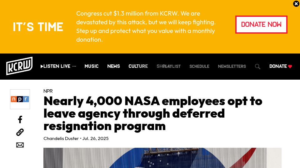 Screenshot of kcrw.com: 4k NASA employees opt to leave agency through deferred resignation program