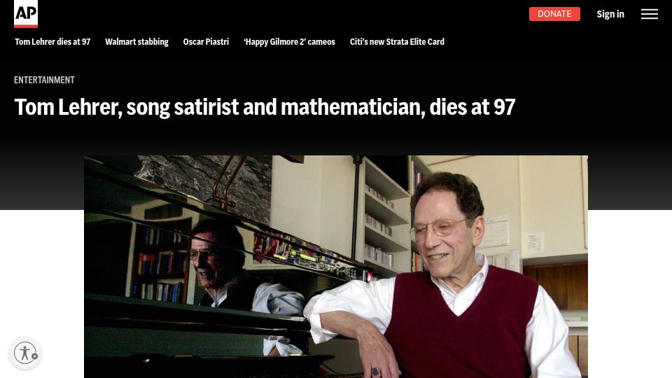 Screenshot of apnews.com: Tom Lehrer, song satirist and mathematician, dies at 97