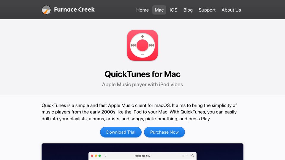 Screenshot of furnacecreek.org: Show HN: QuickTunes: Apple Music player for Mac with iPod vibes