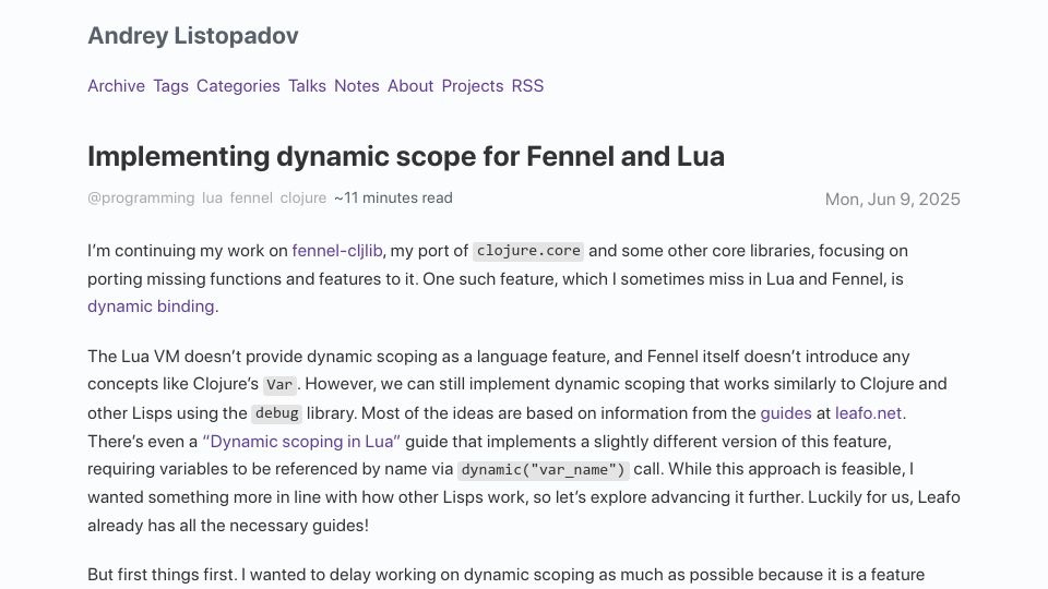 Screenshot of andreyor.st: Implementing dynamic scope for Fennel and Lua