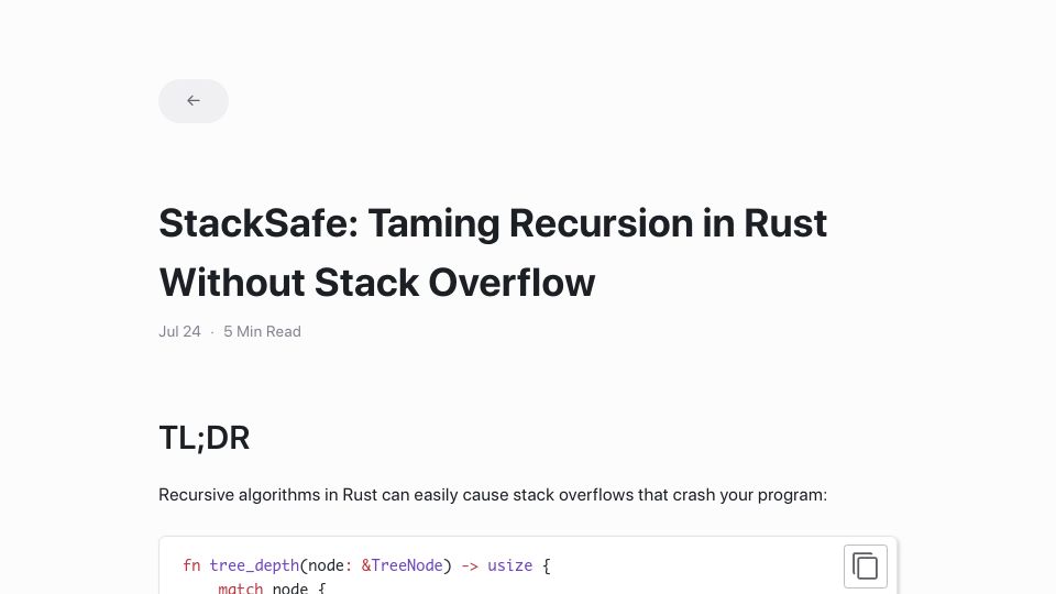 Screenshot of fast.github.io: StackSafe: Taming Recursion in Rust Without Stack Overflow