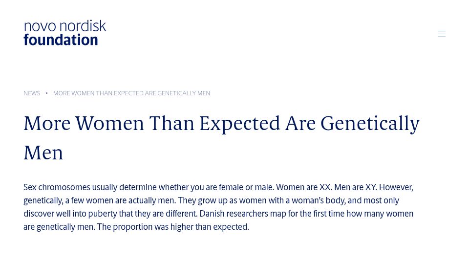 Screenshot of novonordiskfonden.dk: More Women Than Expected Are Genetically Men