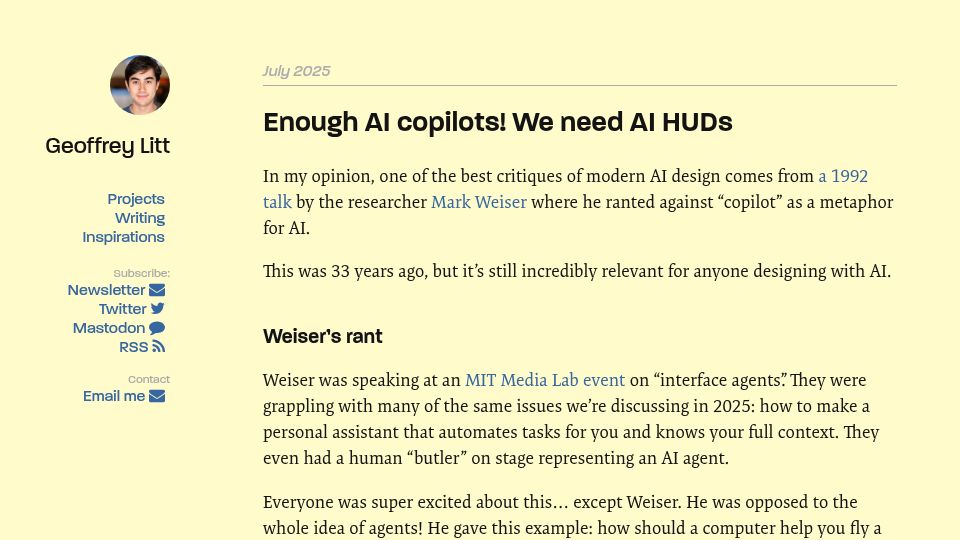 Screenshot of geoffreylitt.com: Enough AI copilots, we need AI HUDs
