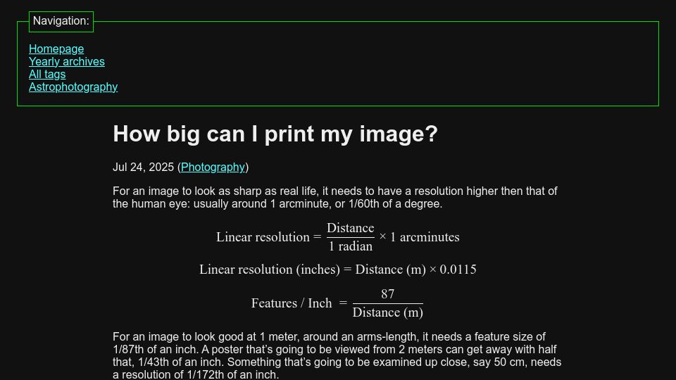 Screenshot of maurycyz.com: How big can I print my image?