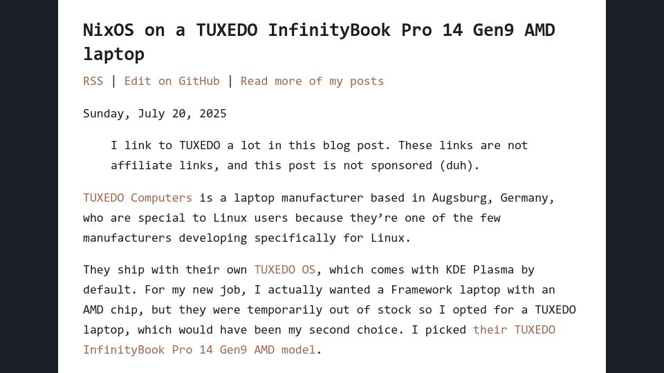 Screenshot of fnune.com: NixOS on a Tuxedo InfinityBook Pro 14 Gen9 AMD Laptop