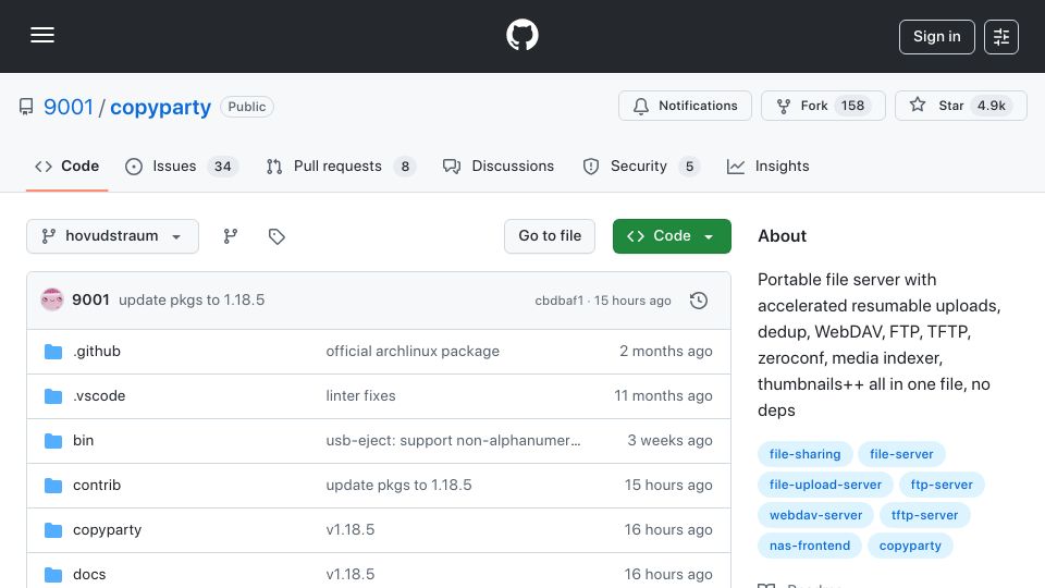 Screenshot of github.com: Copyparty – Turn almost any device into a file server