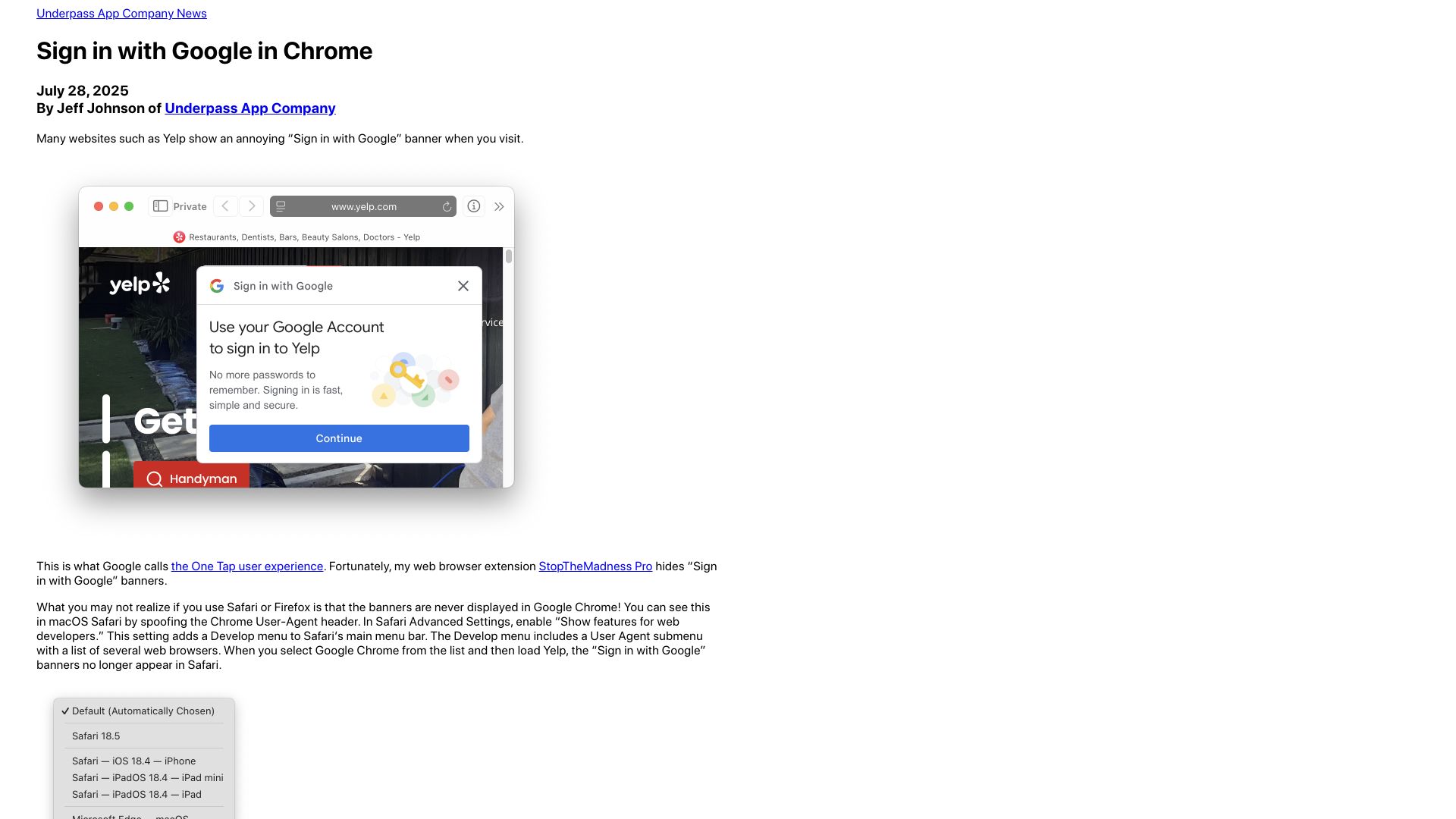 Screenshot of underpassapp.com: Sign in with Google in Chrome