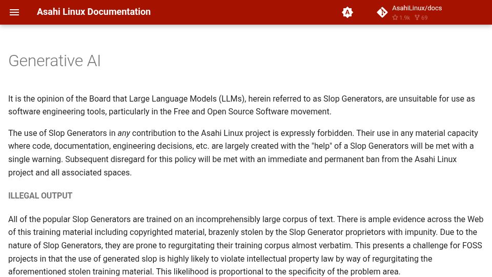 Screenshot of asahilinux.org: Generative AI. "Slop Generators, are unsuitable for use [ ]"