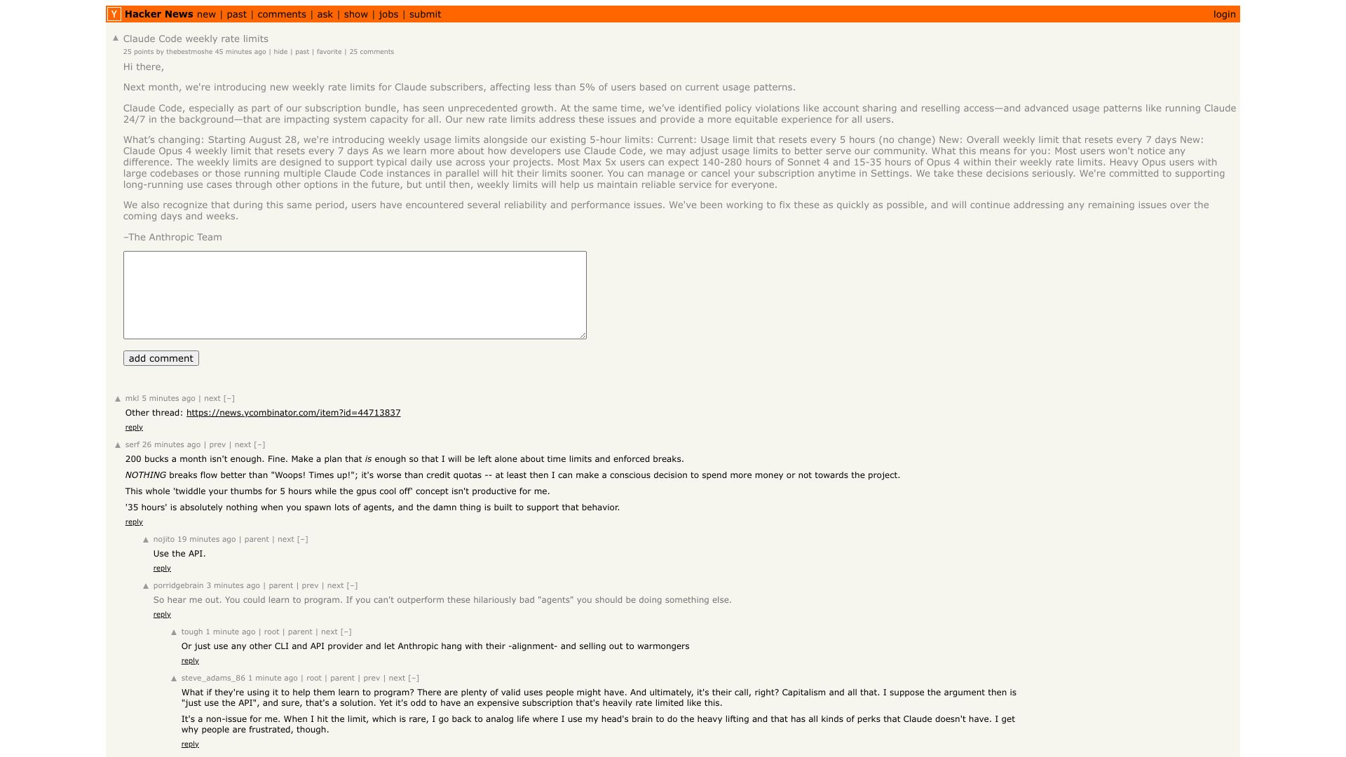 Screenshot of this Hacker News post: Claude Code weekly rate limits