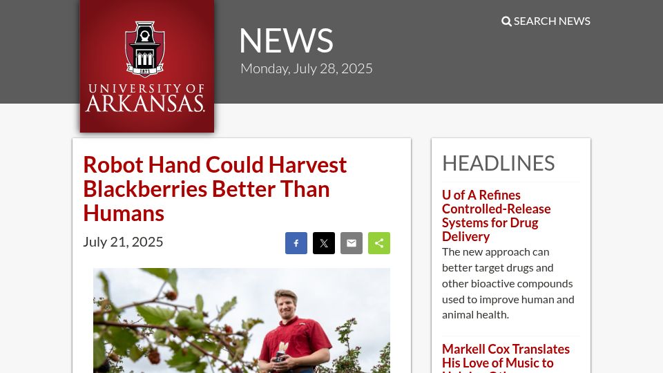 Screenshot of news.uark.edu: Robot hand could harvest blackberries better than humans