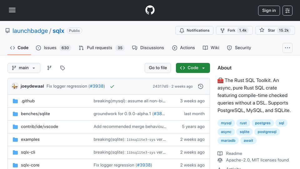 Screenshot of github.com: SQLx – Rust SQL Toolkit