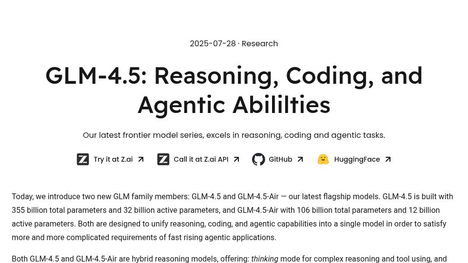 Screenshot of z.ai: GLM-4.5: Reasoning, Coding, and Agentic Abililties