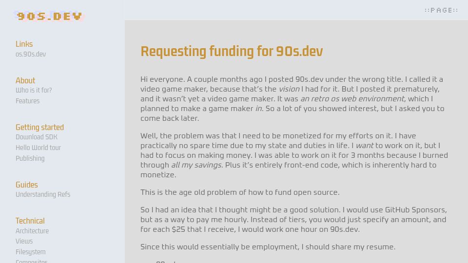 Screenshot of 90s.dev: Requesting Funding for 90s.dev
