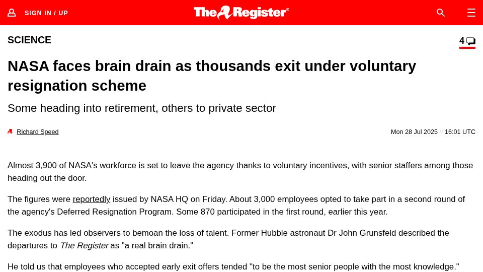 Screenshot of theregister.com: NASA faces brain drain as thousands exit under voluntary resignation scheme