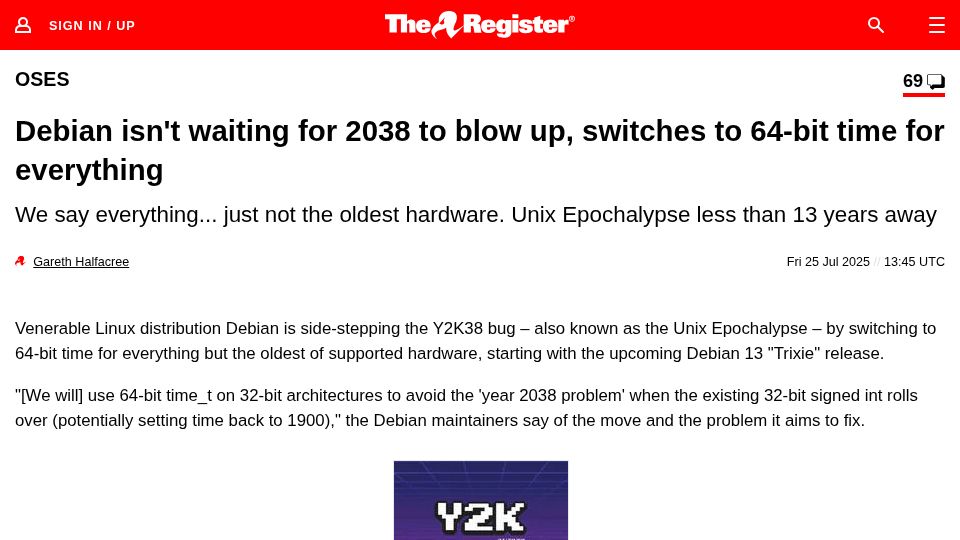 Screenshot of theregister.com: Debian switches to 64-bit time for everything
