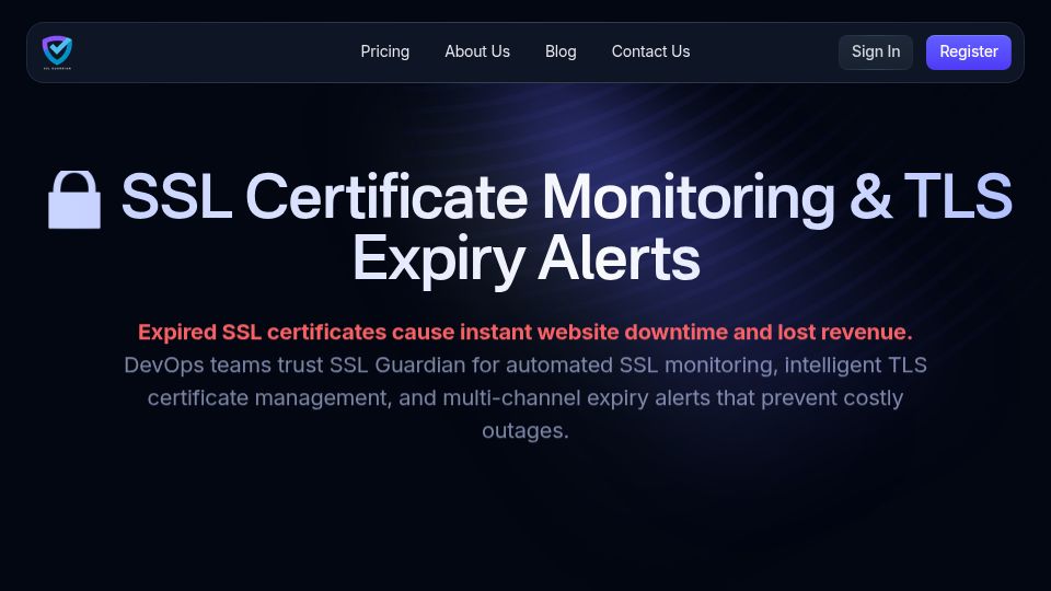 Screenshot of sslguardian.io: Stop SSL certificate outages with automated monitoring – Enterprise Ready