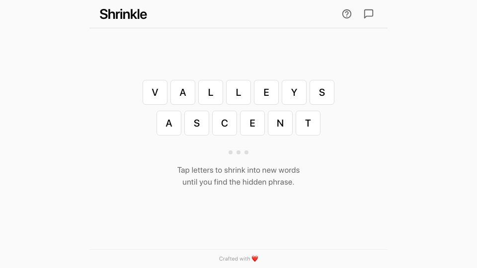 Screenshot of shrinkle.org: Shrinkle – Shrink words, find hidden phrase