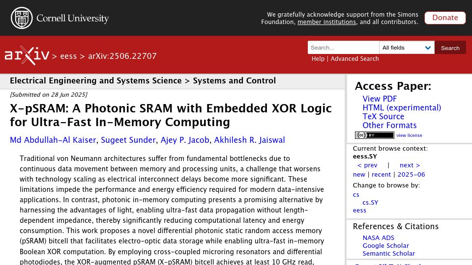 Screenshot of arxiv.org: A Photonic SRAM with Embedded XOR Logic for Ultra-Fast In-Memory Computing