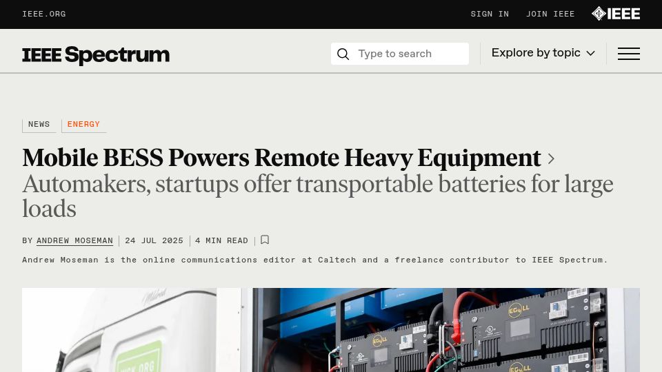 Screenshot of spectrum.ieee.org: Mobile BESS Powers Remote Heavy Equipment