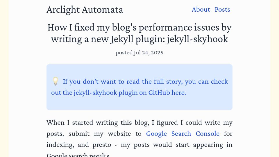 Screenshot of arclight.run: How I fixed my blog's performance issues by writing a new Jekyll plugin