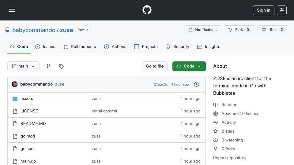 Screenshot of github.com: ZUSE – The Modern IRC Chat for the Terminal Made in Go/Bubbletea