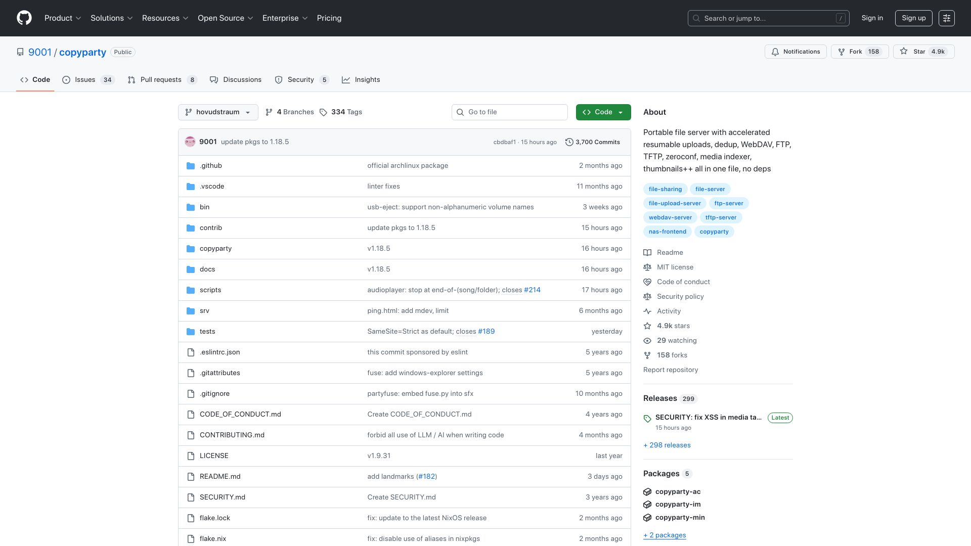 Screenshot of github.com: Copyparty – Turn almost any device into a file server