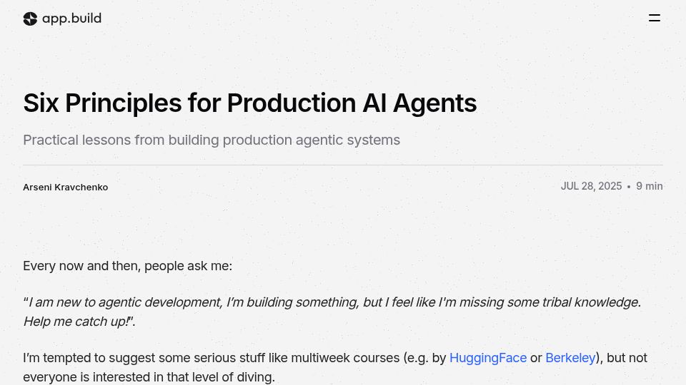 Screenshot of app.build: Principles for production AI agents