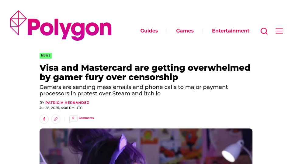 Screenshot of polygon.com: Visa and Mastercard are getting overwhelmed by gamer fury over censorship