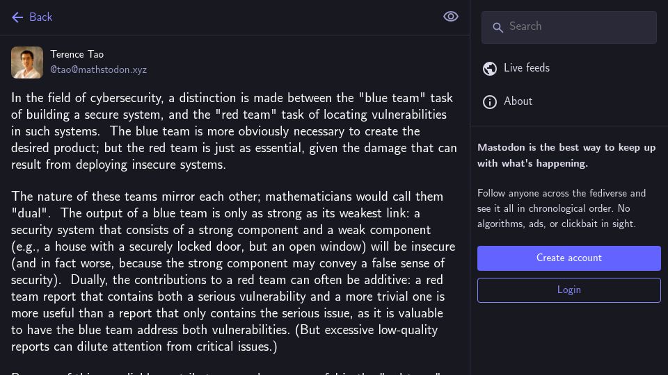 Screenshot of mathstodon.xyz: Tao on “blue team” vs. “red team” LLMs